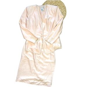 Vintage Black Tie Oleg Cassini 100% Silk Blush Embellished Suit Deadstock Sz 14